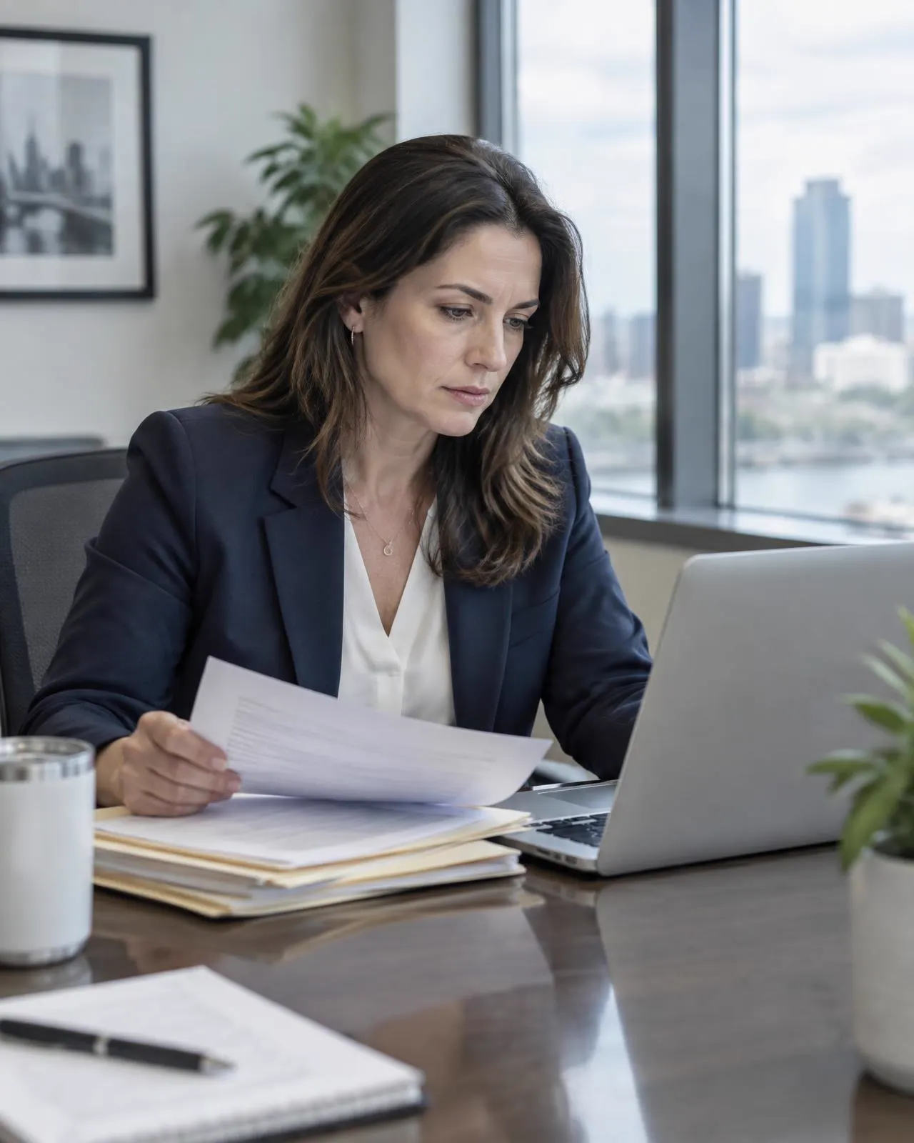Attorney reviewing case records alongside a laptop