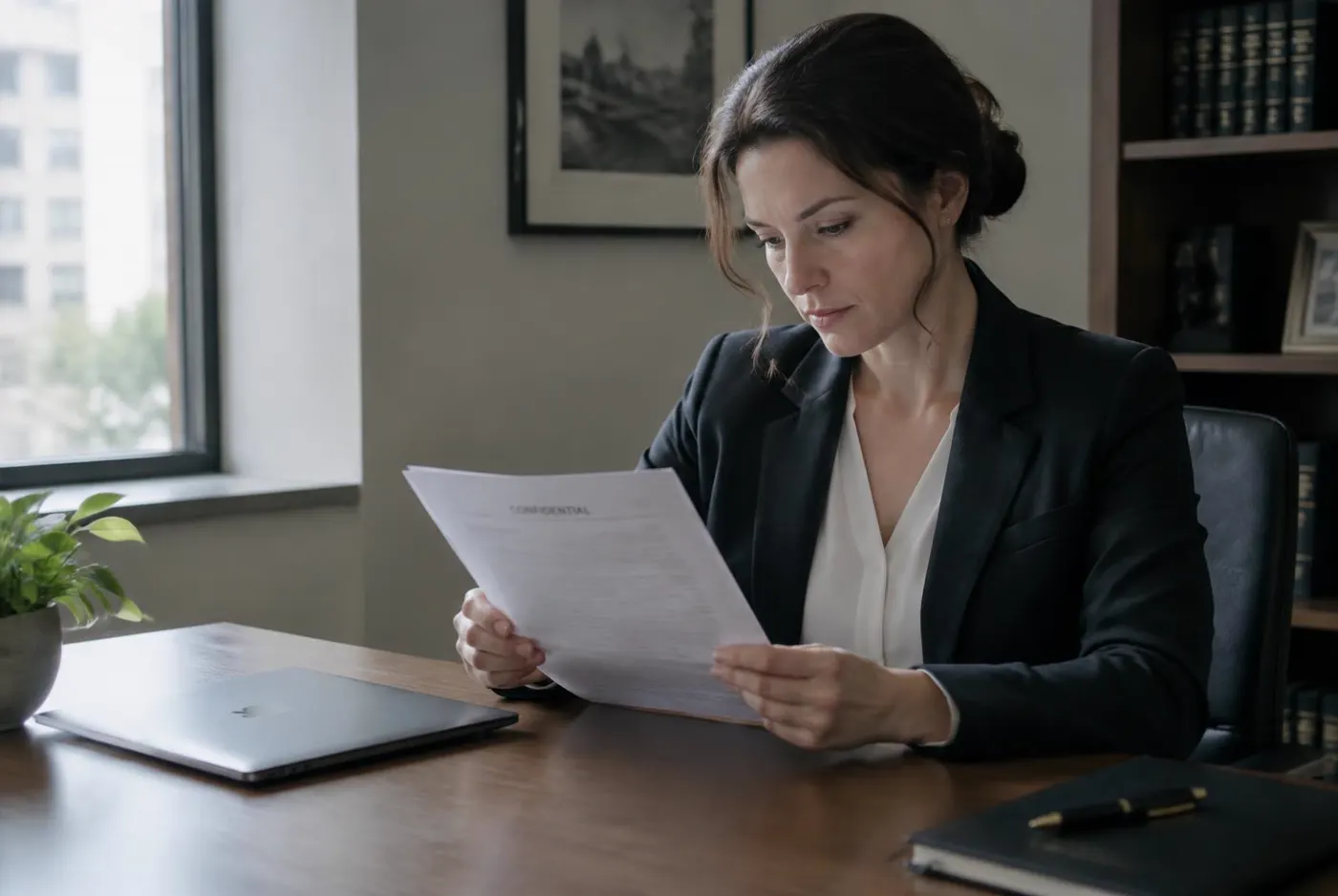 Attorney reading a confidential document in a private office