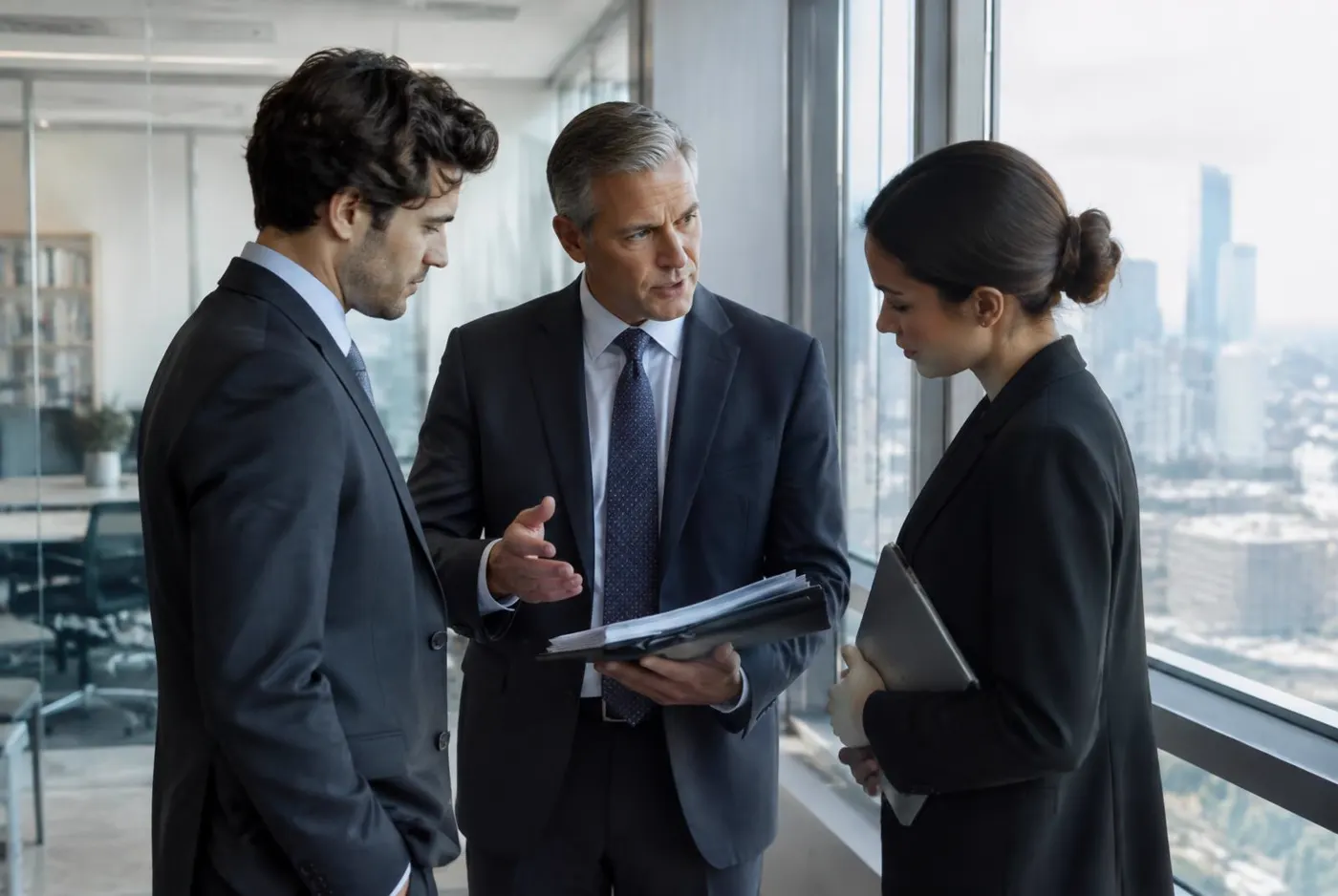 Managing partner discussing a case with staff
