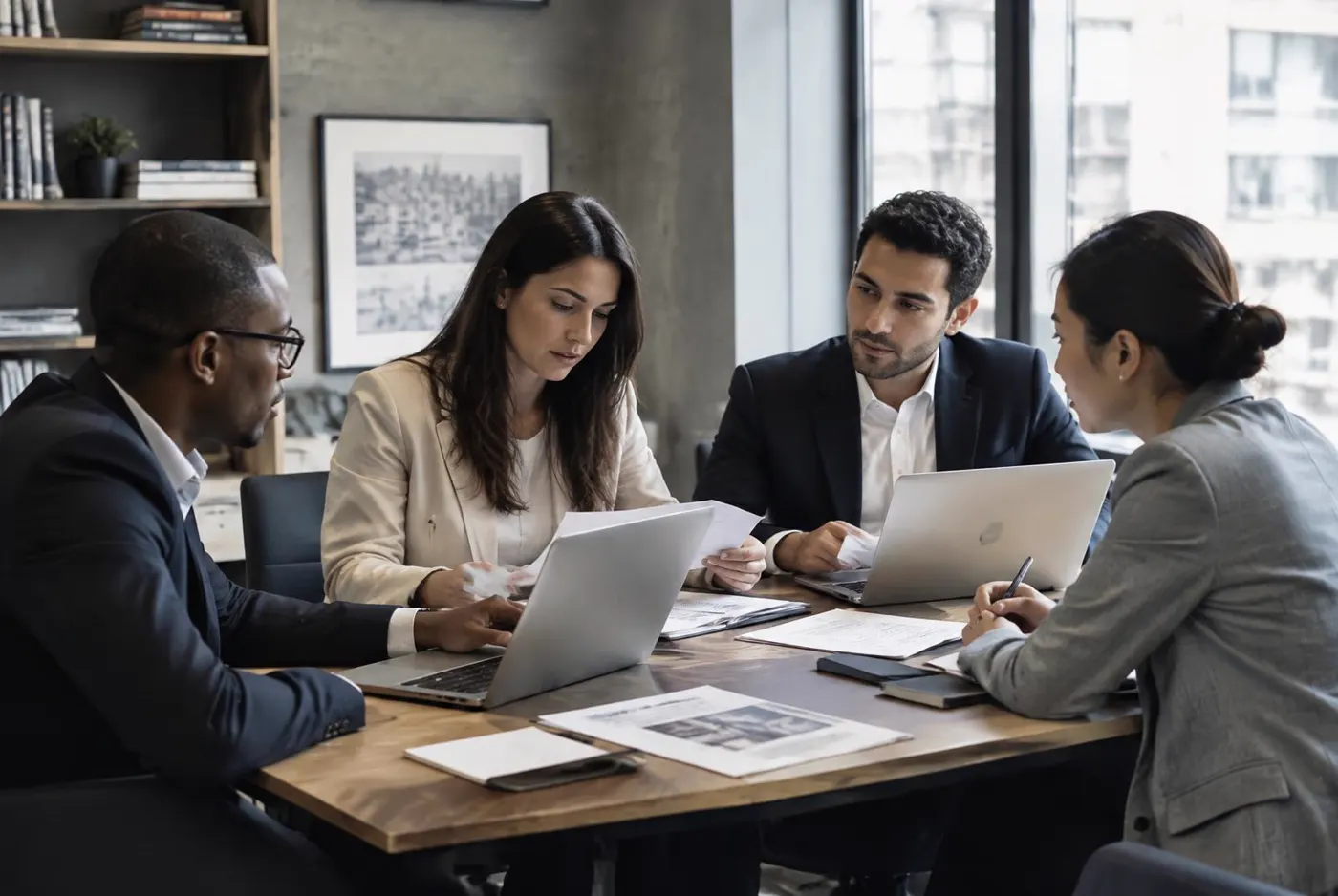 Legal team reviewing a case together at a conference table